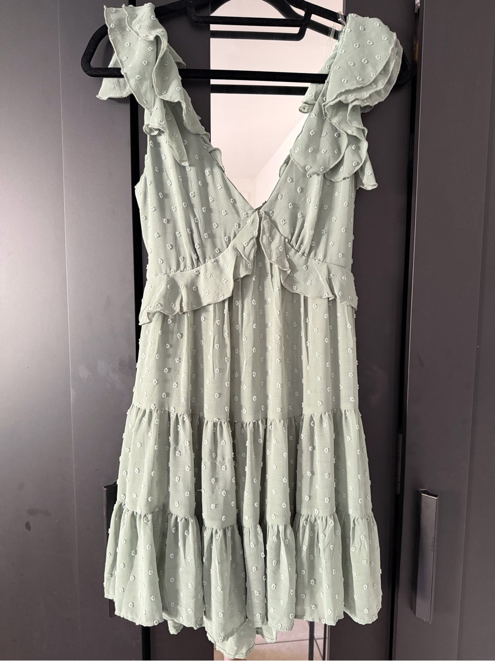 Sage Green Swiss Dot Ruffle Mini Dress – Size M